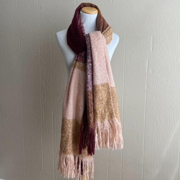 Soft Cozy Chunky Knit Boho Plaid Print Fringe Trim Oversized Scarf Wrap - Picture 11 of 13